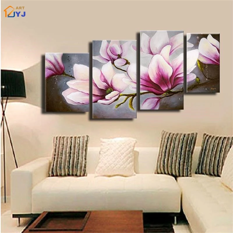 Картина с розовыми цветами 4 панели модульная Современная картина маслом ручной