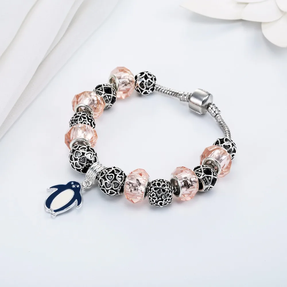 Cxwind Fashion Pink Glass Heart Beads Bracelet Cute Penguin Pendant Snake Chain Bangles for Women Girl Summer Jewelry | Украшения и