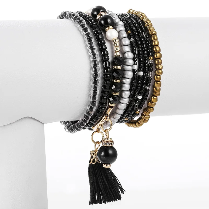 Bohemian Multi-layer Colorful Weave Round Beaded Tassel Bracelet Retro Rice Adjustable Rope Ethnic Bangles Wholesale | Украшения и