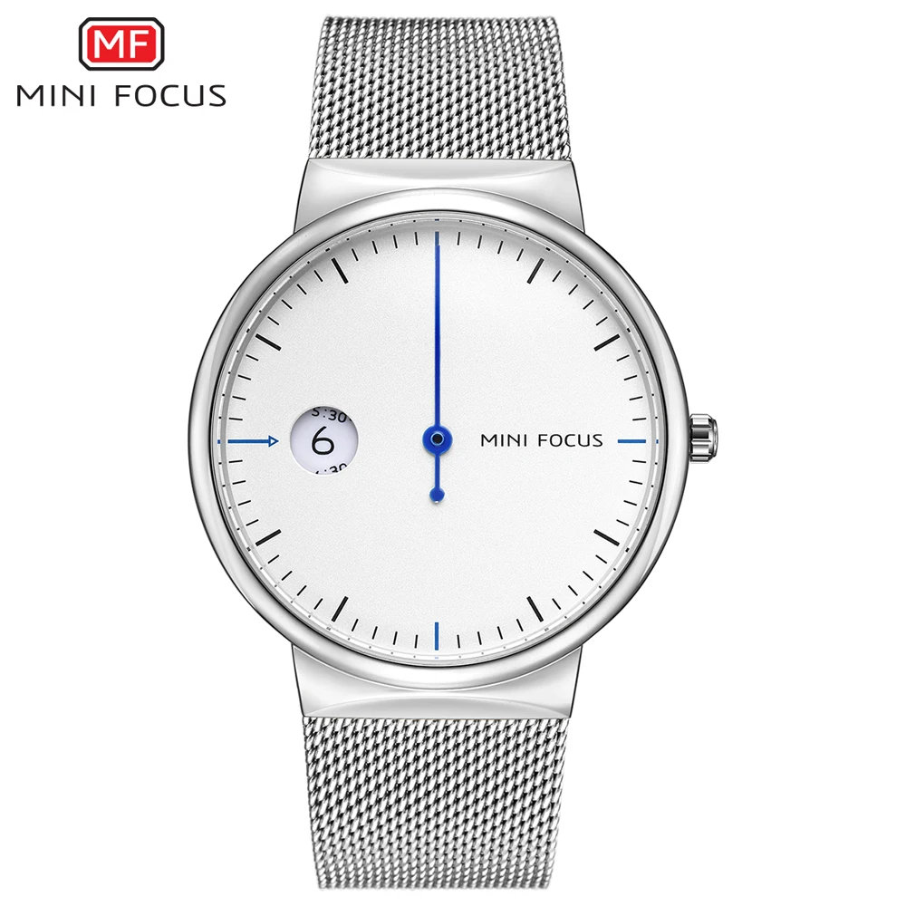 MINI FOCUS-Reloj de pulsera de cuarzo para hombre, accesorio masculino de negocios, con correa de malla de acero inoxidable, resistente al agua, 3 bares, color blanco, 0182G