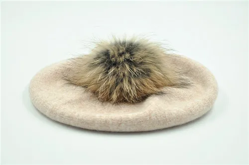 Pink black 2 fur Модные зимние шерстяные фетровые береты для женщин из натурального меха енота, шапка с помпоном, весенние женские большой меховой шарик, Плоские береты, шапка - Цвет: Pink black 2 fur