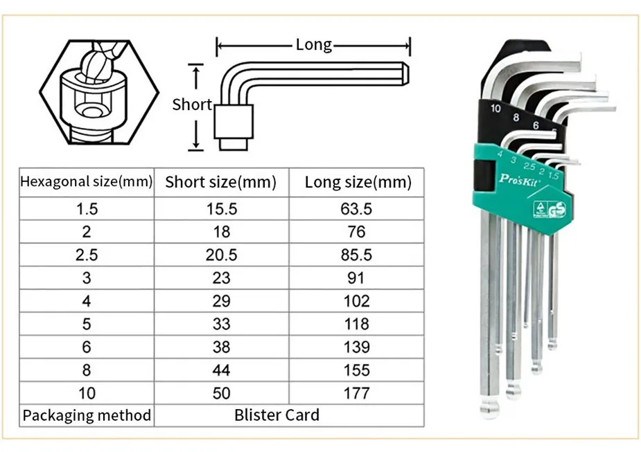 

Hot Pro'skit High Quality 9PCS Long ball point Durable Reinforced Toughen Metric Ball Ended Hex Allen Key Wrench Set 1.5-10mm