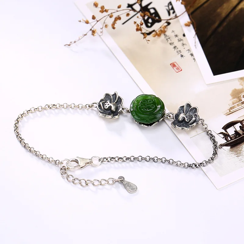 

New silver S925 pure silver natural Hetian jade lotus lotus ancient retro personality chain girl accessories wholesale
