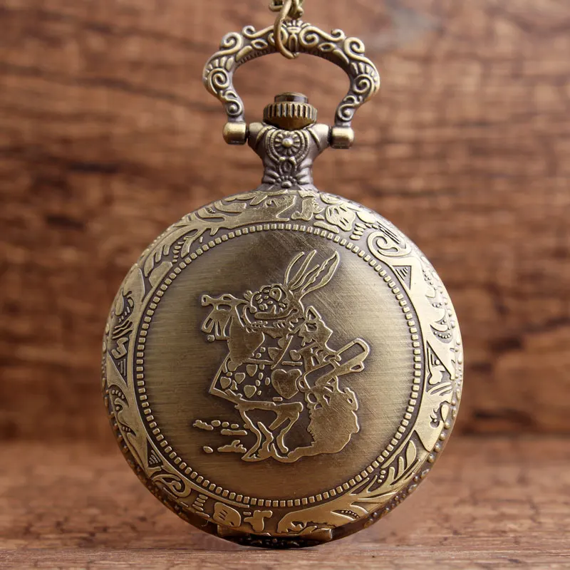 

Bronze Alice in Wonderland Rabbit Vintage Pocket Watch Necklace Cute Staitionary Pendants Chain Clock For Girls Women Gift