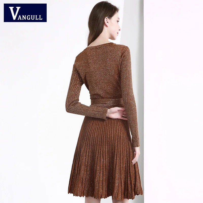 Женское весеннее элегантное блестящее плиссированное платье с длинным рукавом