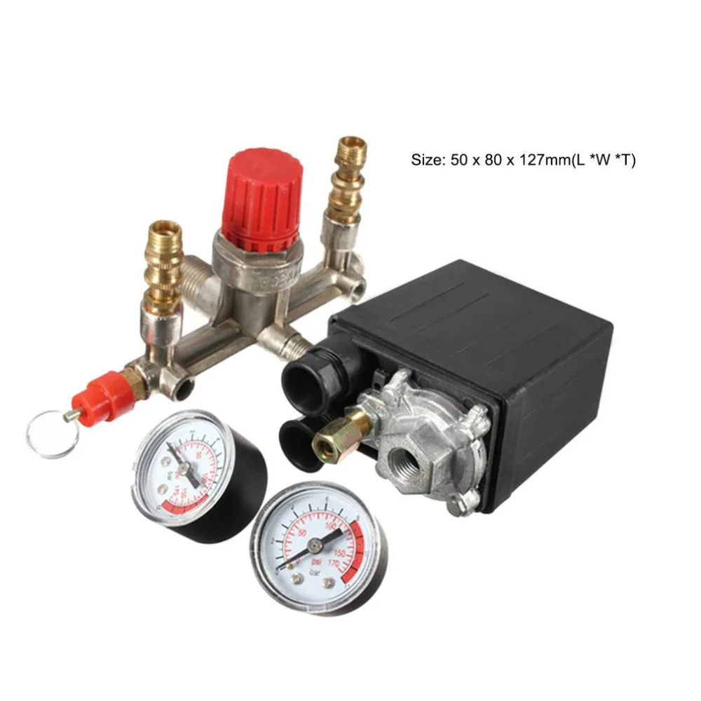 

40343 Adjustable Pressure Switch Air Compressor Switch Pressure Regulating with 2 Press Gauges Valve Control Set