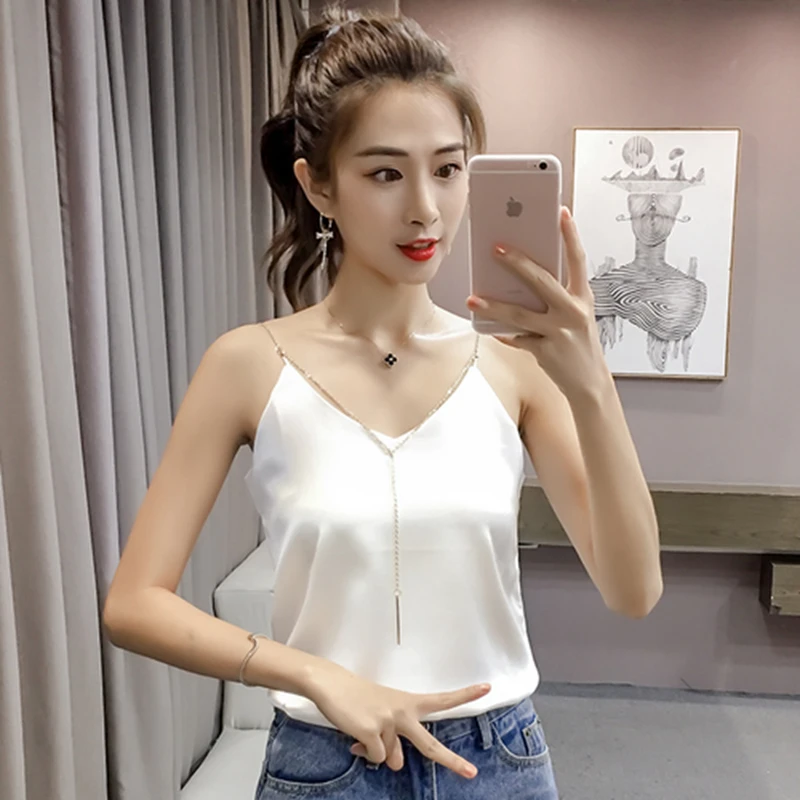 Летняя однотонная Сексуальная атласная Женская майка с v образным вырезом на