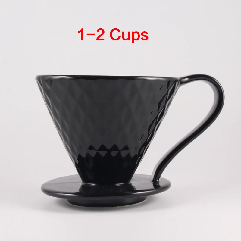 Black 1-2Cups Керамические кофейные фильтры V60, кофейная капельная чашка с фильтром, Алмазная форма, Перманентная наполняемая кофеварка с отдельной подставкой - Цвет: Black 1-2Cups