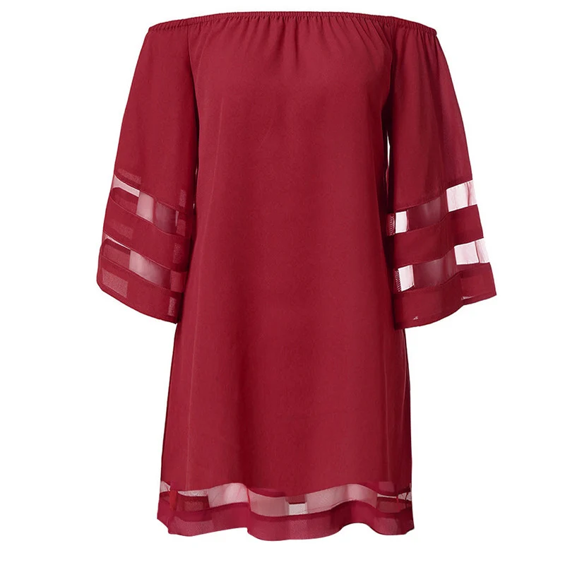 Женское свободное шифоновое платье с рукавами колокольчиками и круглым вырезом