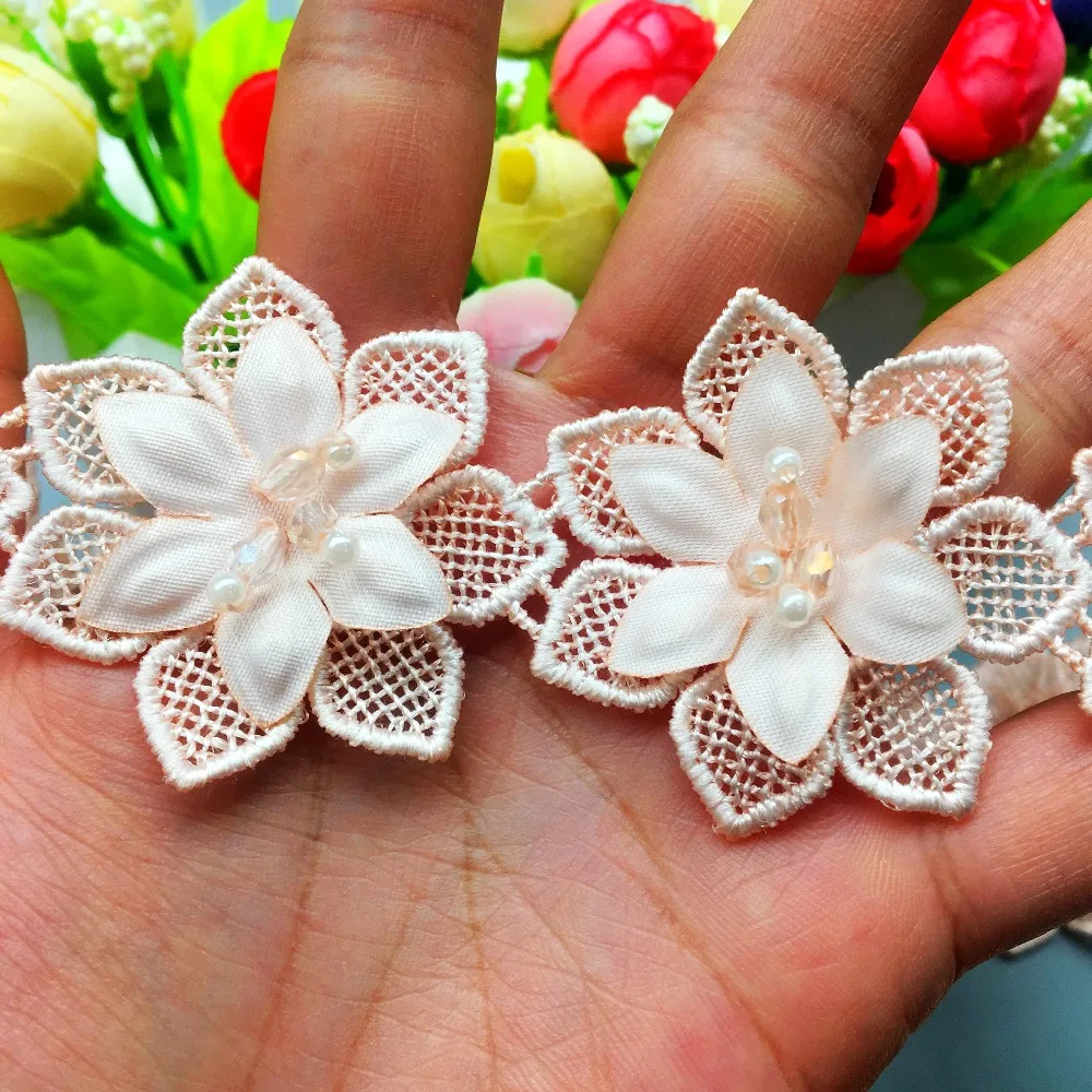 2 ярда растворимая жемчужная цветочная кружевная ткань с бусинами лента вышивкой