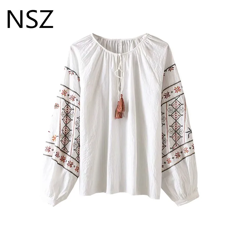 NSZ Для женщин Белый Boho рубашка с вышивкой хлопковая блуза длинными рукавами и