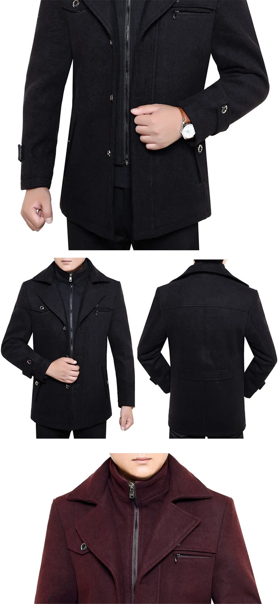 Mens Fashion Boutique Wool Pure Color Business Standing Collar Woolen Dust Coats / Male Quality Slim Leisure Trench Coats