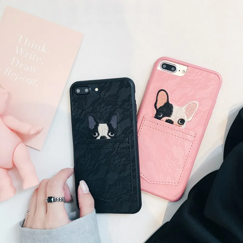 Милый мультяшный Карманный чехол с собакой для iphone X, 6, 6 S, 7, 8, 6 plus, 7 plus, 6s plus, 8 plus, Tpu, кружевной вышитый кожаный чехол для телефона(розовый/черный