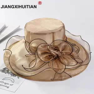 Роскошные женские летние шляпы из органзы с полями, шляпы от солнца с широкими полями, свадебные, свадебные, церковные, вуалетки, женские шляпки с гибким ведром