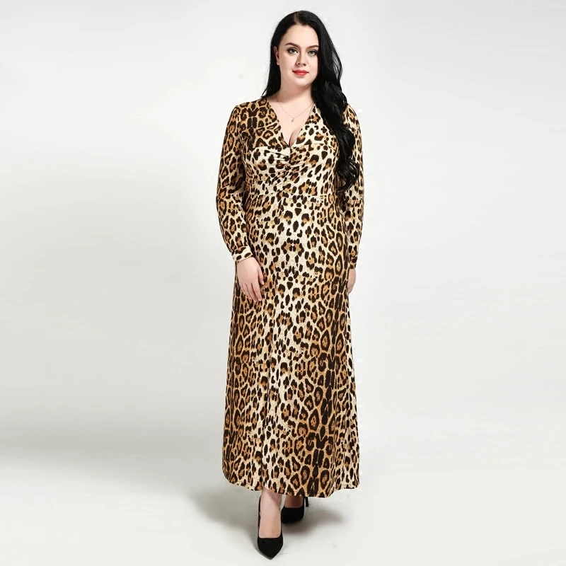 Witsources Женские Длинные рукава леопардовая расцветка длинные платья V шеи