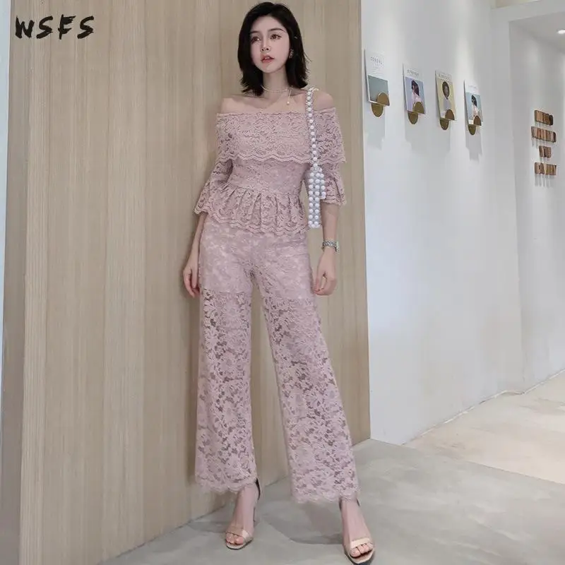 

2 Piece Set Pink White Slash Neck Off Shoulder Lace Blouses Tops Womens Set Sweet Ladies Sexy Party Wide Leg Ninth Pants Trouser