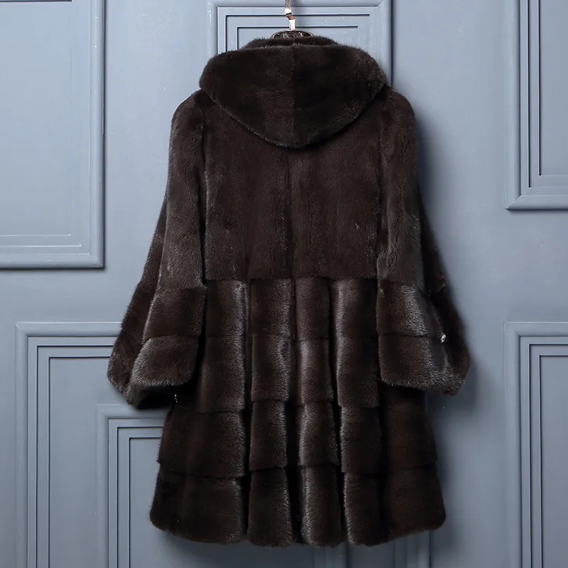 brown Новинка, Женское пальто из меха норки, тонкое, длинное, с капюшоном, свободное, большой размер,, теплое, меховое, кожаное, травяное пальто, скидка, высокое качество - Цвет: brown