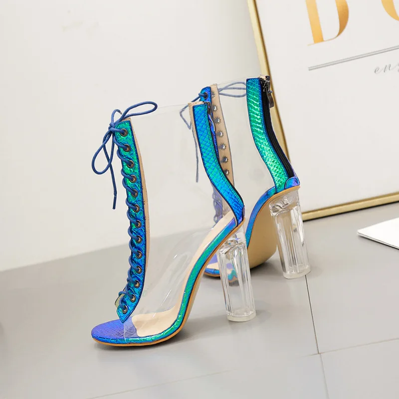 Summer Sandals Sexy PVC Transparent Gladiator Sandals Cross Strappy Peep Toe Shoes Clear Chunky heels Women Ankle boots