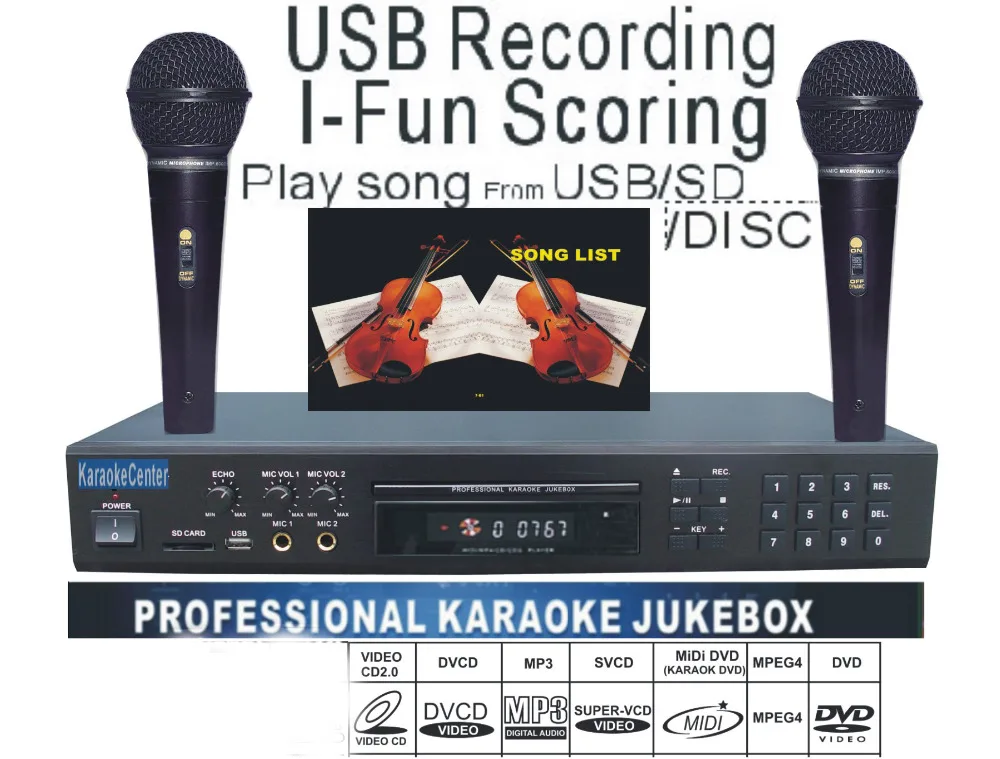 MIDI/DVD караоке плеер/рекордер система с песнями DVD/DviX/VCD воспроизведение песни USB/SD