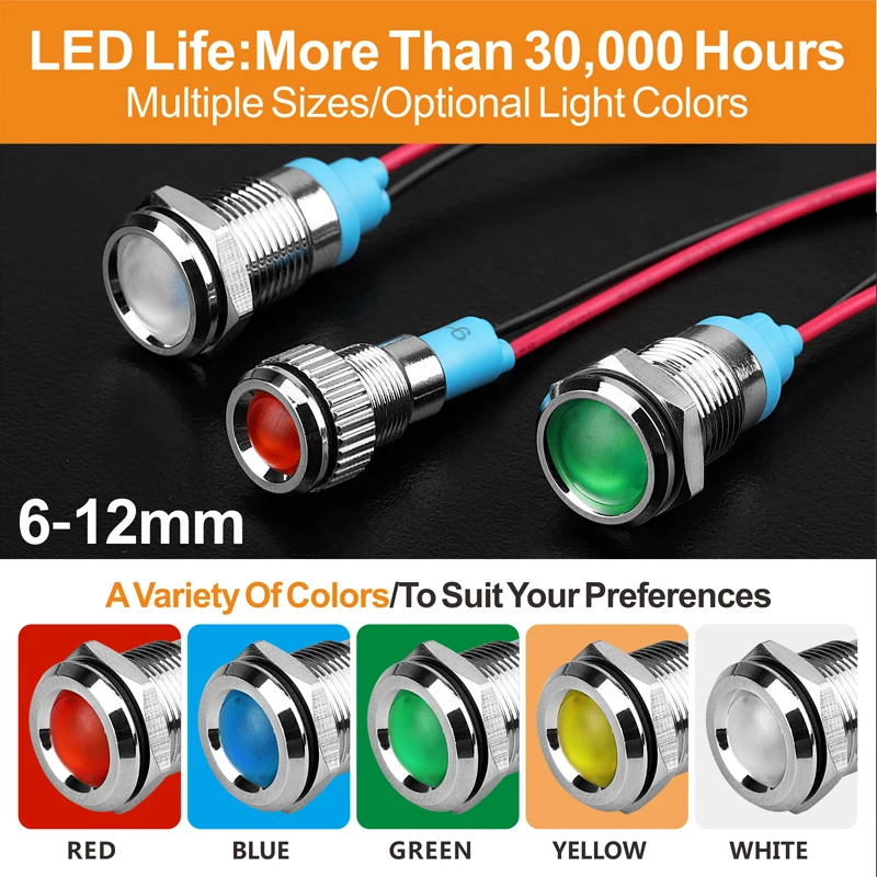 LANBOO 8 мм металлический предупреждающий индикатор LED с проводом 3V12V24V220V380V