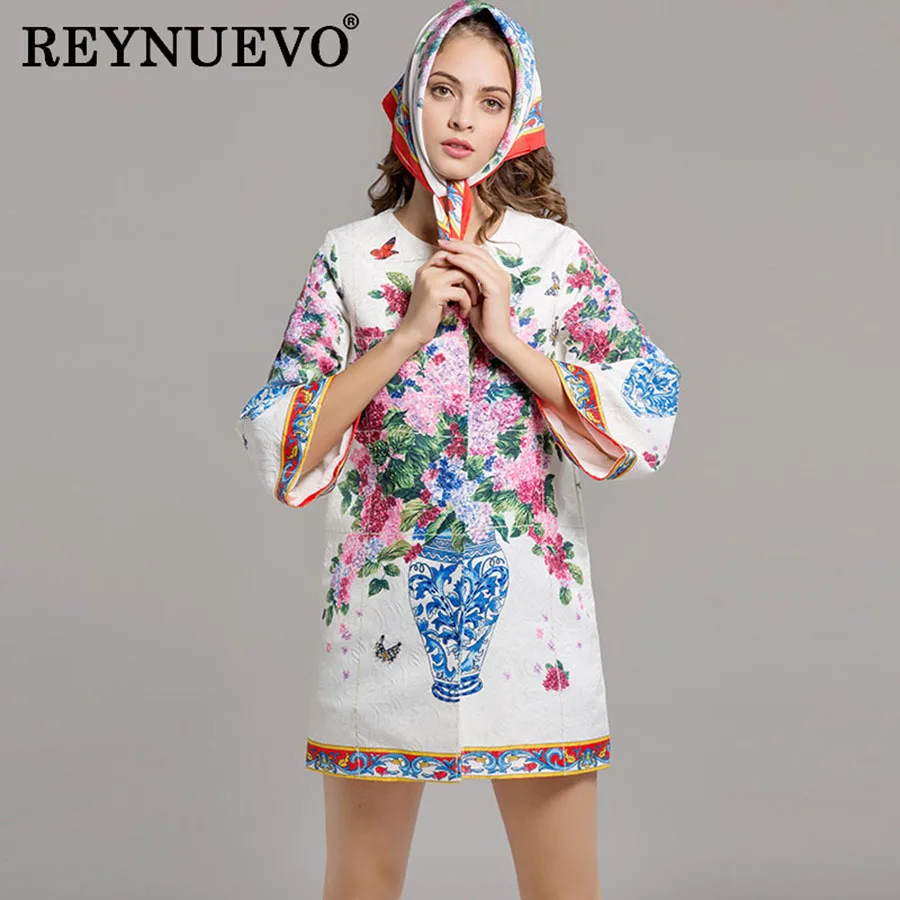 Jacquard White Luxury Coats European Women 3/4 Flare Sleeve Print High Quality Scarf 2017 Autumn Winter Classic Warm Coat | Женская