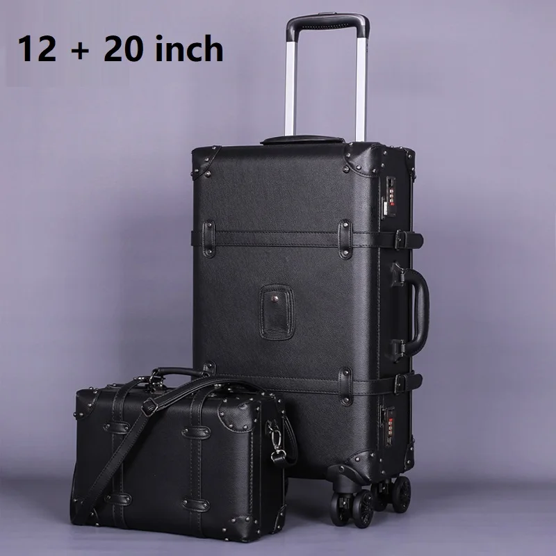 12 and 20 inch Полиуретановый чемодан на колёсиках, винтажный кожаный чемодан на колесиках, Женская дорожная сумка на колесиках, Мужская багажная сумка - Цвет: 12 and 20 inch