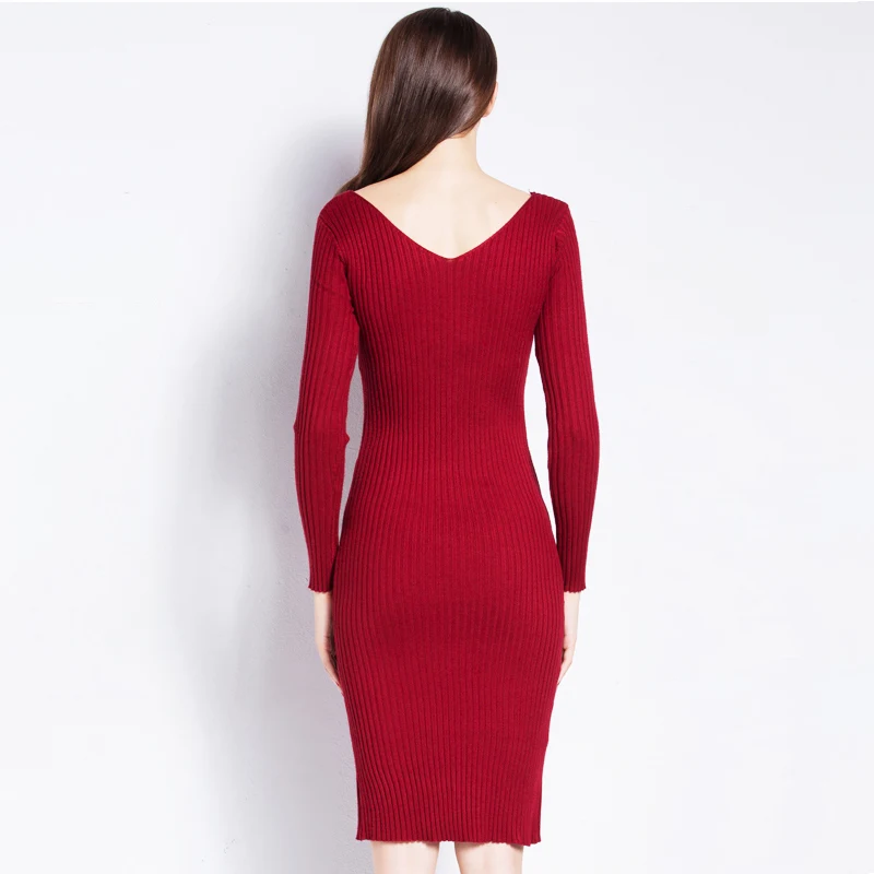 Vintage Double V-Neck Knee-Length Knitted Dress Women One-Piece Pullovers Winter Female New Fashion Sheath Sweater | Женская одежда
