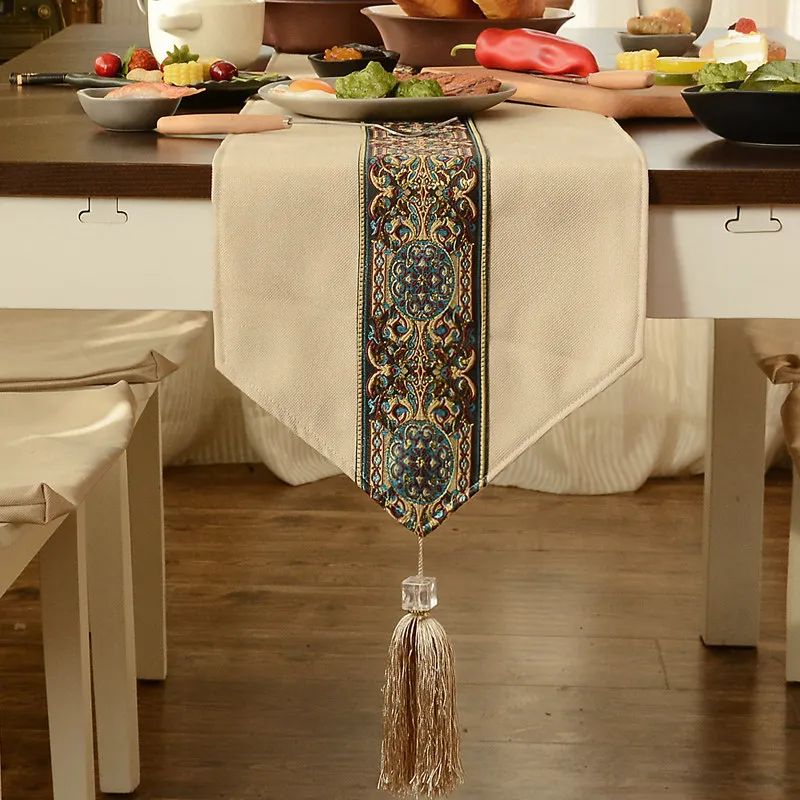 Beige Китайский традиционный настольный бегун с бахромой роскошный пэчворк настольный бегун s домашний декор комод чайный обеденный стол бегун пылезащитный - Цвет: Beige