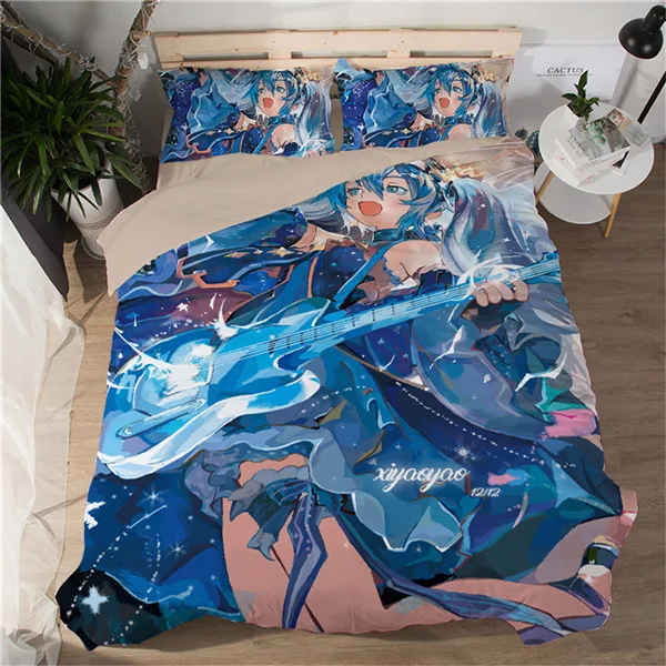 Мода Прохладный Синий Черный Hatsune Мику Kawaii Девушка японского аниме Постельное белье один двойной размер простыня наволочка пододеяльник - Цвет: color4