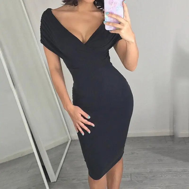 New Sexy Deep V-Neck Short Batwing Sleeve Bodycon Dresses Formal Evening Party Club Sheath Dress | Женские платья