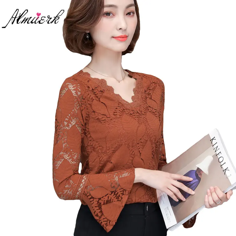 Новинка весна осень 2018 однотонная женская Кружевная футболка с v образным