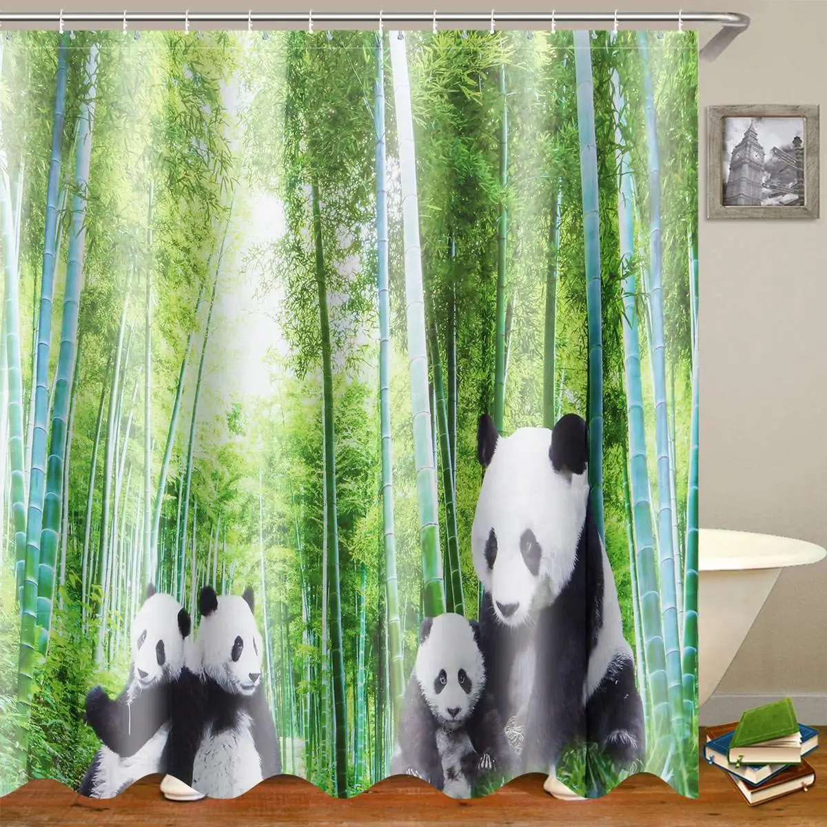 Panda Curtain Тигр, львы, леопард, панда, ванная комната, полиэстер, занавеска для душа, пьедестал, ковер, крышка для унитаза, коврик для ванной, водонепроницаемый, домашний декор, 12 крючков - Цвет: Panda Curtain