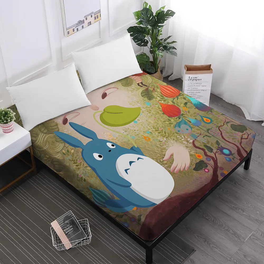 Симпатичная кровать totoro, простыня с рисунком из мультфильма, зеленые листья, растительный принт, простыня для близнецов, полный размер, постельное белье, детское постельное белье с глубоким карманом, D45