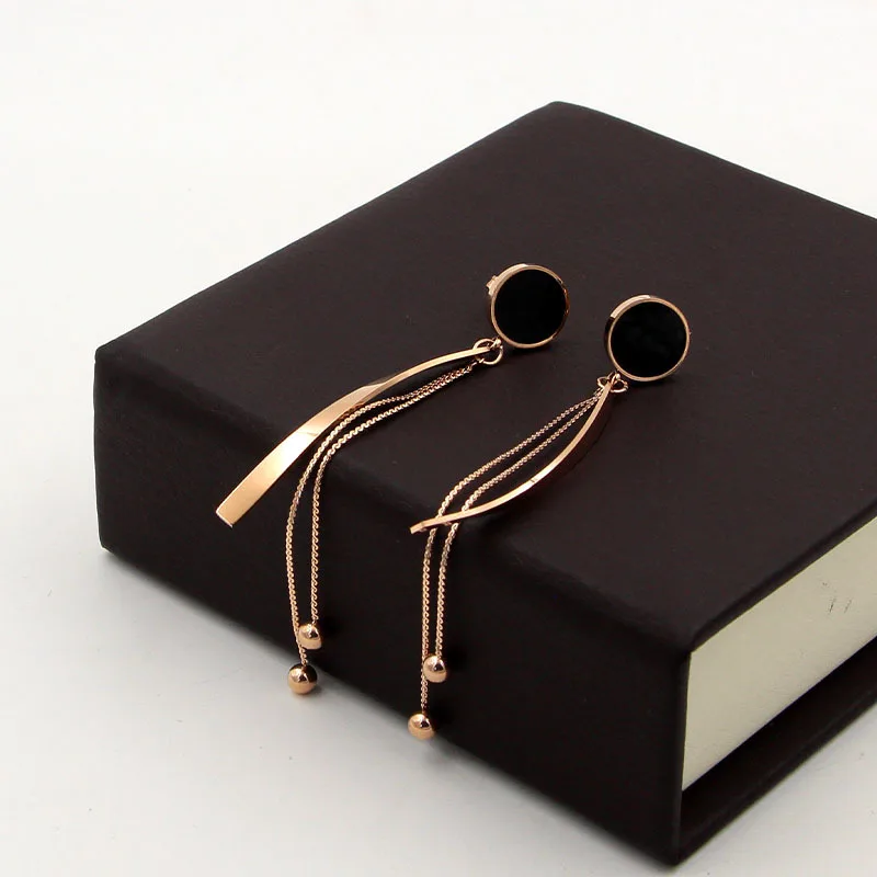 Unique design Tassel Black Round earrings Titanium Steel rose gold color Women long tassel beads Earrings factory prices | Украшения и