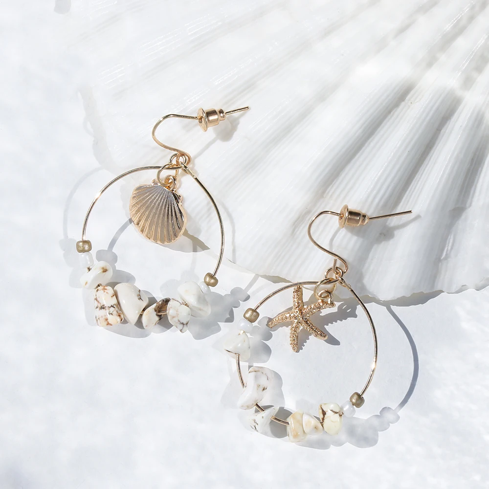 Женские винтажные серьги подвески из Золотого Сплава Sea Shell Sterfhish летние