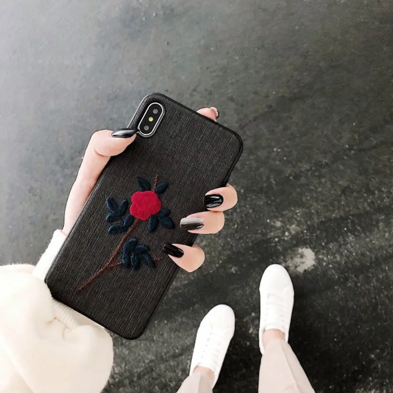 3D с вышитыми цветами розы чехол для iPhone X XR XS Max ткань ПУ + Мягкий ТПУ Силиконовые