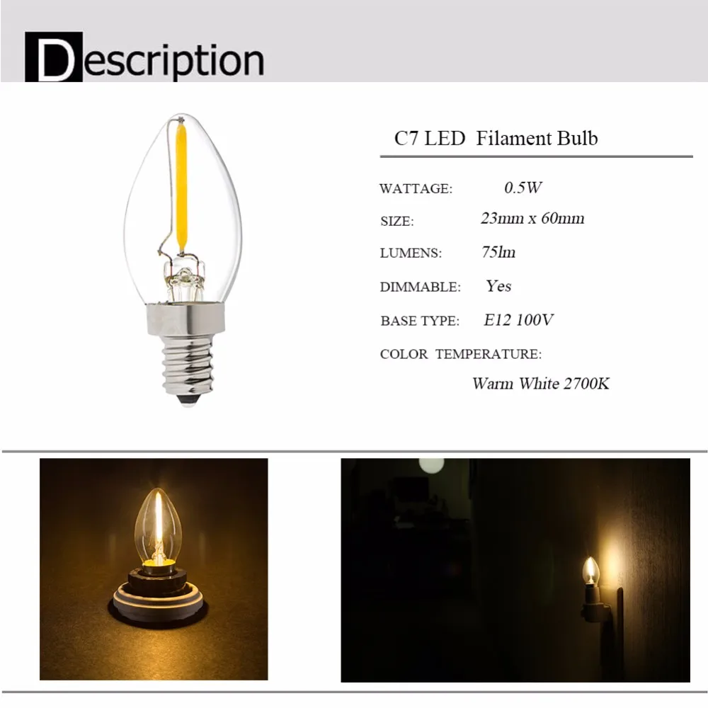 Grensk C7 0,5 Watt E14 Edison светодиодная нить с регулируемой яркостью Ночная лампочка теплый белый 2700 K лампа-канделябр E12 220 V 8 Вт