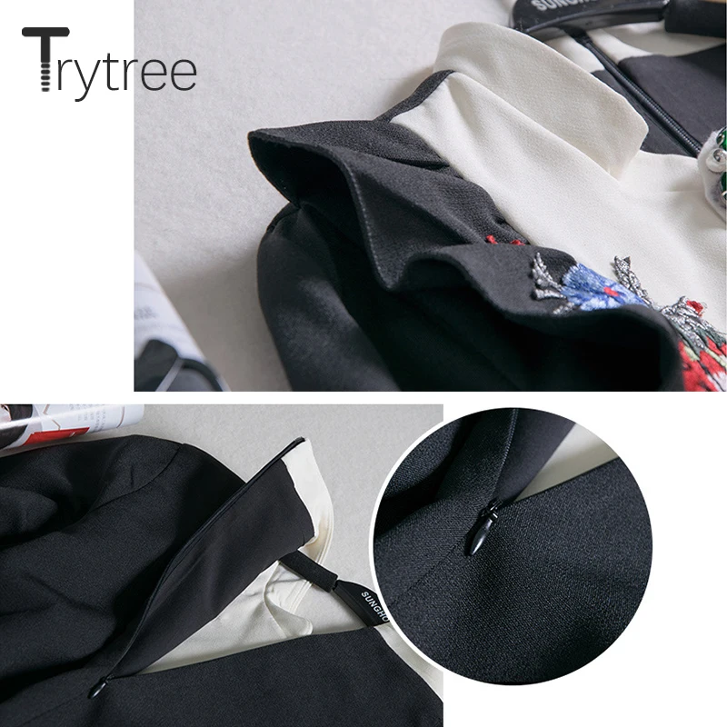 Trytree осеннее платье Винтаж полиэстер вышивка воротник Бисер прочные черные