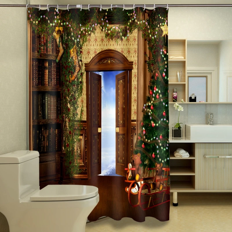 

New 3D Shower Curtains Christmas Door Wall Pattern Waterproof Fabric Bathroom Curtains Washable Bath Curtain Bathroom Products