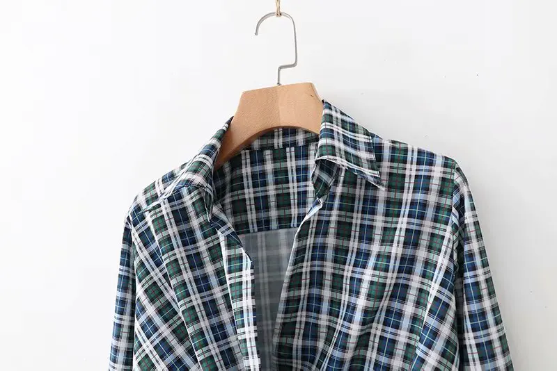 2019 Женская винтажная Повседневная рубашка с v образным вырезом и принтом в клетку