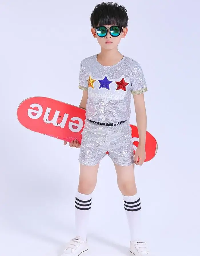 Sliver Pants set Одежда для мальчиков и девочек костюмы для черлидеров для бальных танцев в стиле «Джаз» и «хип-хоп» детские танцевальные костюмы с блестками конкурсные танцевальные платья, одежда комплект со штанами и топами - Цвет: Sliver Pants set