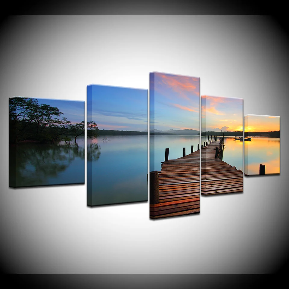 

5 Panel/pieces HD Print Sunrise blue sea wood bridge Landscape Print On Canvas Art Painting For home living room decoration