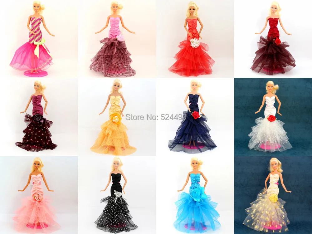 

5 Pcs Top Quality Handmade Doll Evening Party Dress Outfit Clothing Fashion Gown Lace Flower Skirt For 1/6 Barbie Kurhn Doll