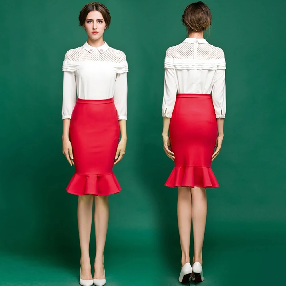 red new fashion high waist mermaid trumpet elastic knitted sexy women peplum pencil knee length bandage bodycon skirt