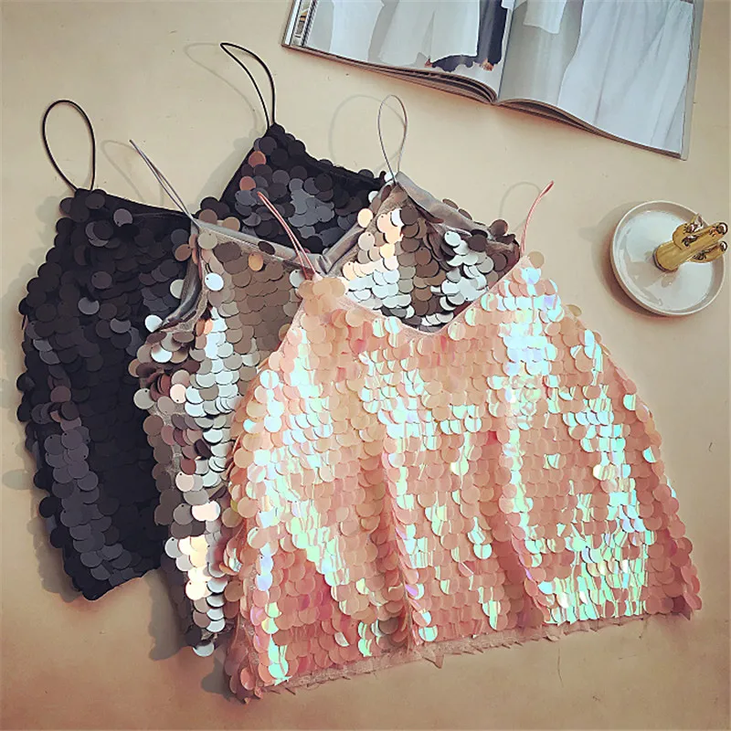 

New Fashion Women Summer Style Camises Sexy Club Sequined Camis Female Bottoming Tank Camisole V-Neck Sleeveless Vest Tops A1276