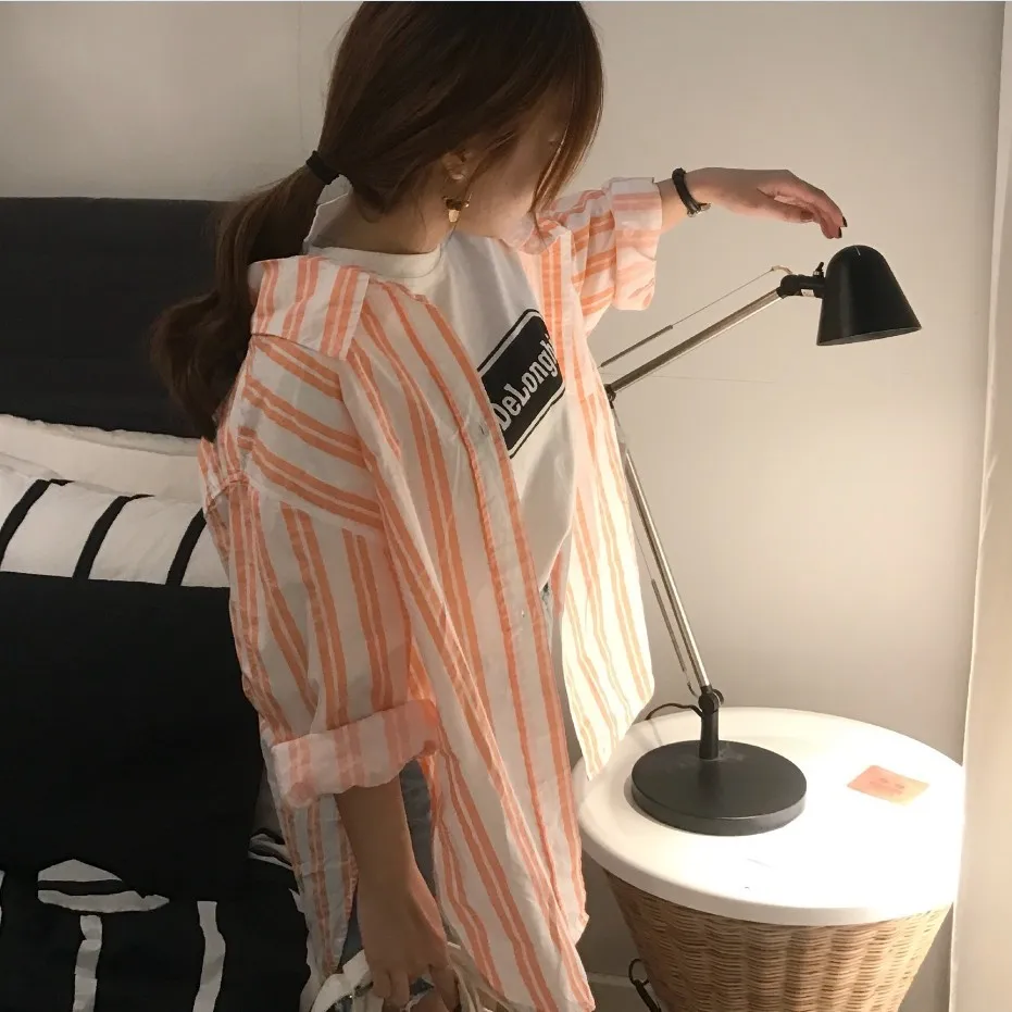 Fresh Orange Striped Long Sleeve Shirt Women Tops Kawaii Summer Blouse Boyfriend Chemise Femme Camicia Donna Blusa Mujer Camisa |