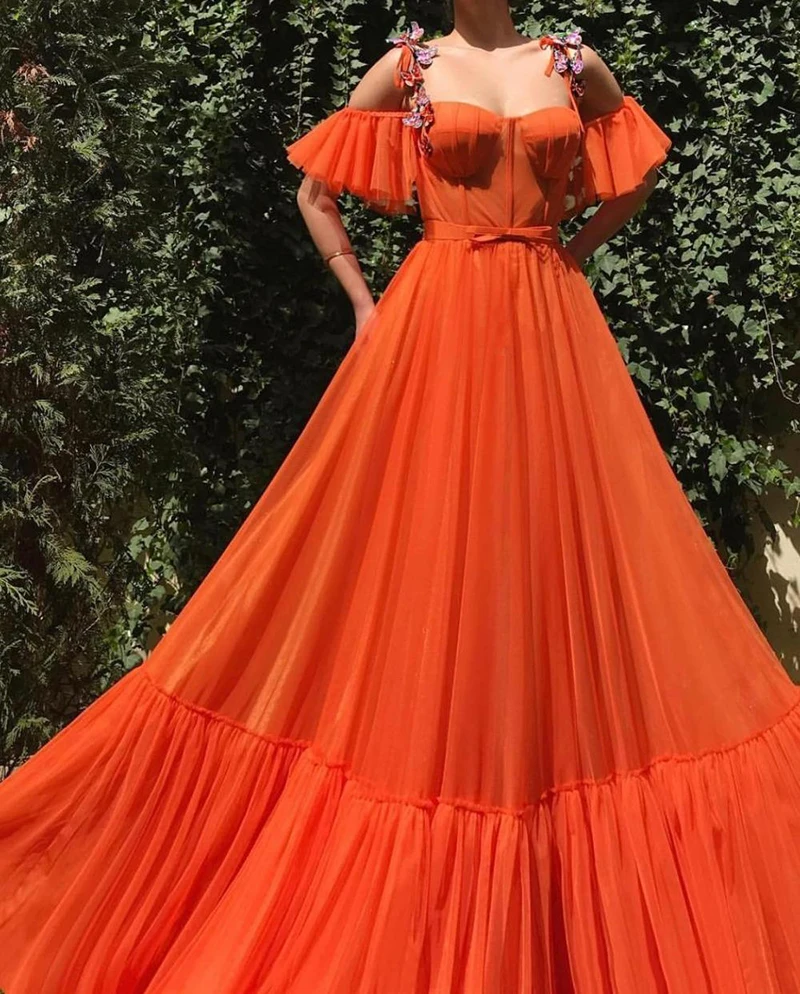Лори оранжевое вечернее платье Robe De Soiree с открытыми плечами Выпускные платья погружающиеся 3D бабочки вечерние платья