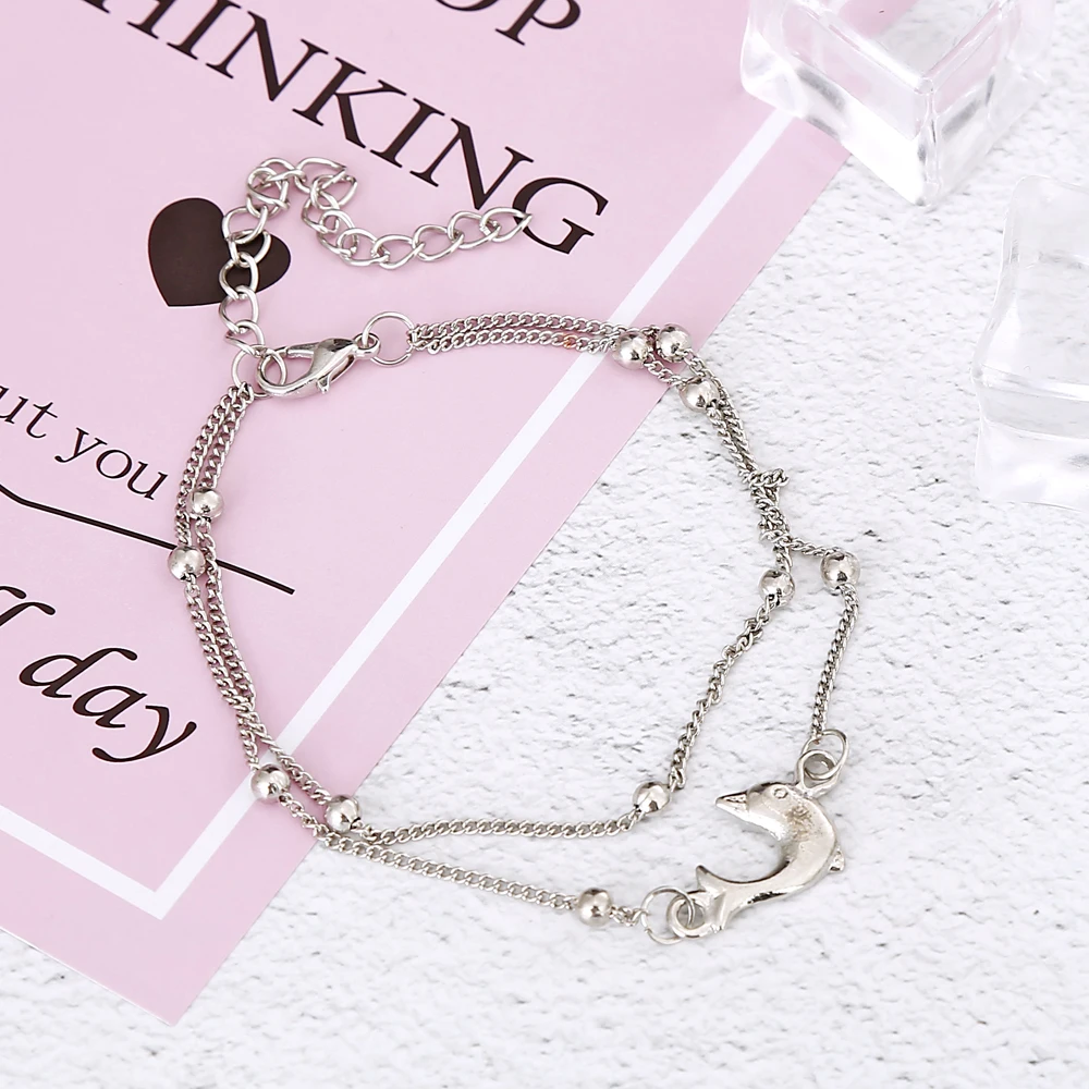 XIYANIKE Vintage Simple Multilayer Animal Dolphin Beads Anklets For Women Charms Silver Color Foot Chain Jewelry Beach Sea Gift | Украшения