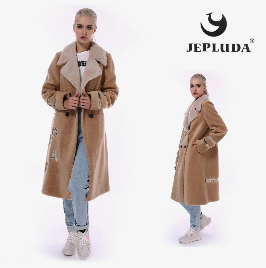 JEPLUDA Натуральный Шерстяное Пальто Женские Зимнее с Английский Воротник Комбинируйте Цвета Свободно Стиль Длинный Мягкий Теплый Куртка Женская Зимняя Натуральный Мех Овчины