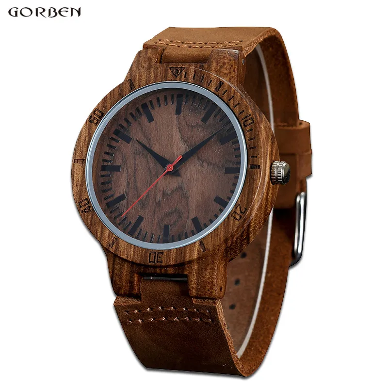 

GORBEN мужские часы деревянные скульптурные часы Круглый циферблат Кожаный ремешок натуральный бамбук аналоговые кварцевые мужские наручные...